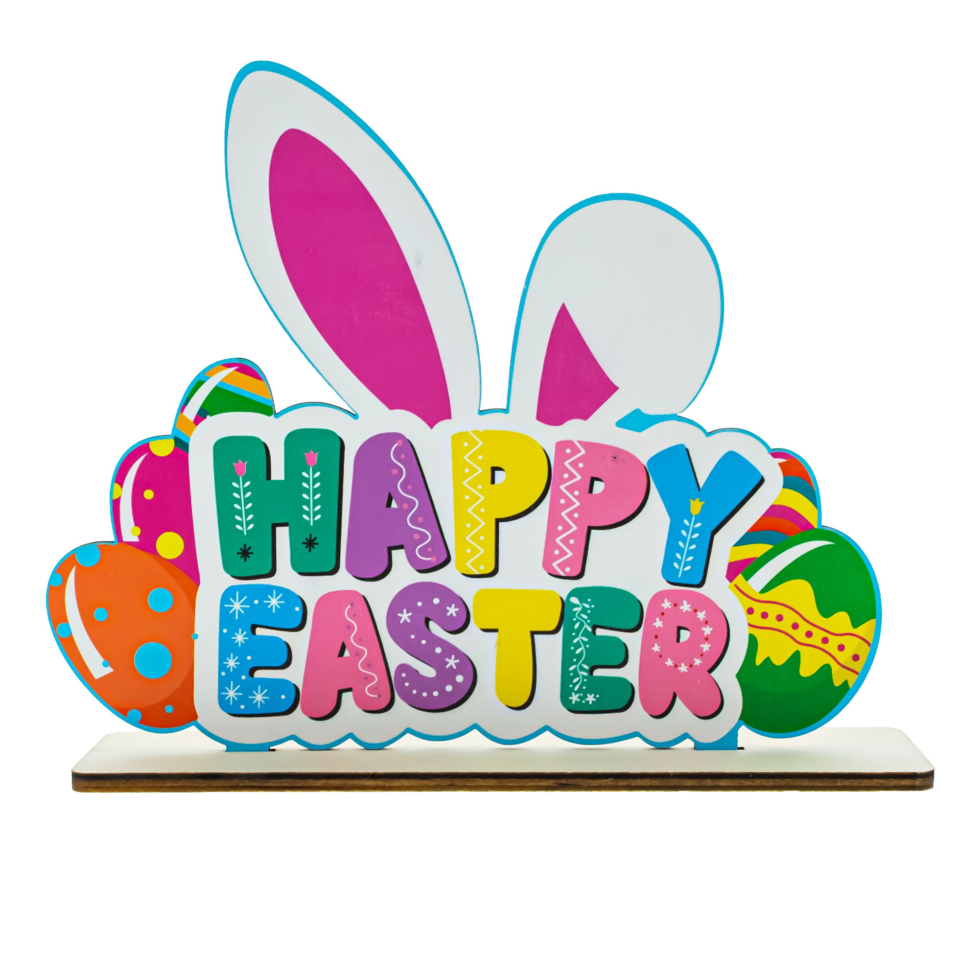 Happy Easter Wooden Tabletop Cutout With Bunny and Egg Artwork 6.5 Inches Tall in Multi color
