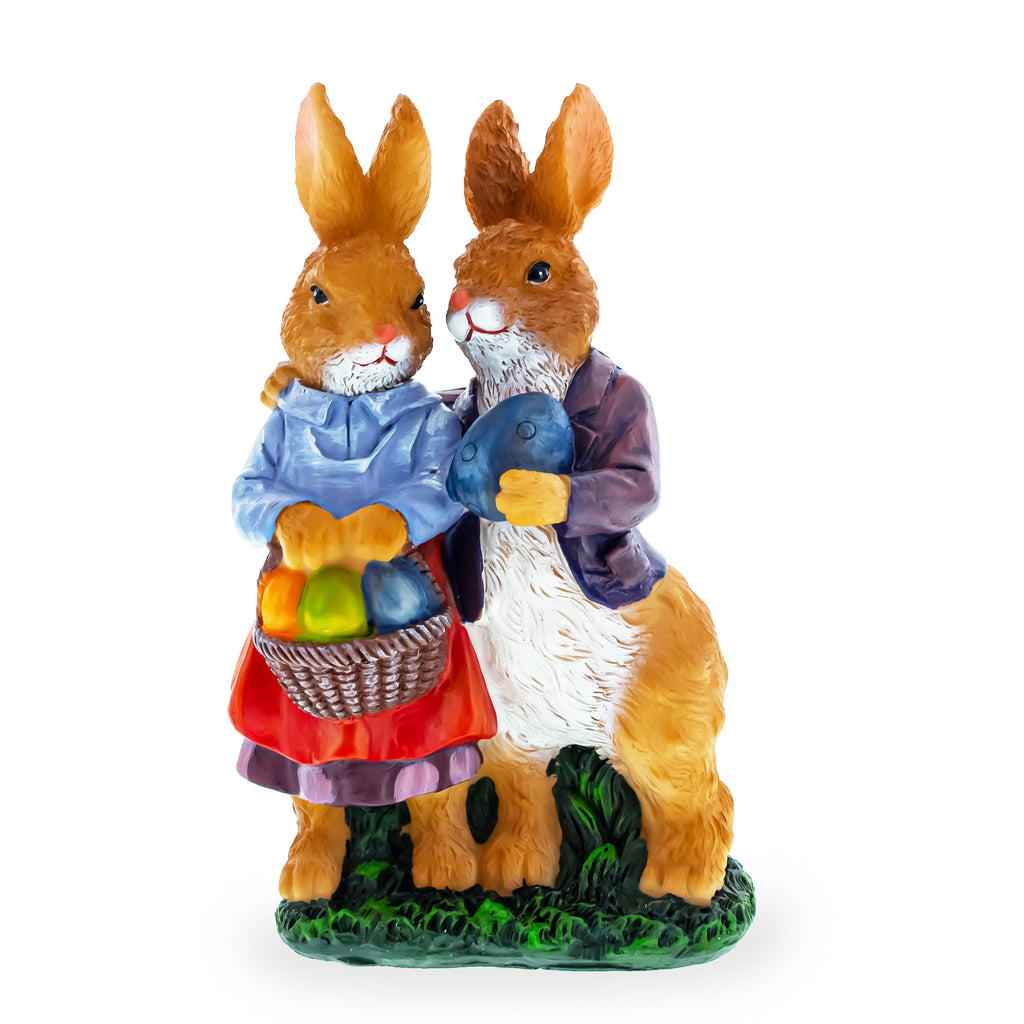 Loving Bunny Duo with Festive Easter Basket Figurine in Multi color