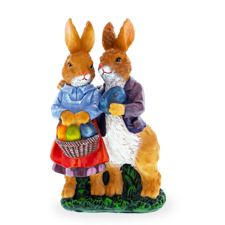 Resin Loving Bunny Duo with Festive Easter Basket Figurine in Multi color