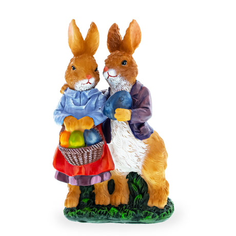Loving Bunny Duo with Festive Easter Basket Figurine in Multi color