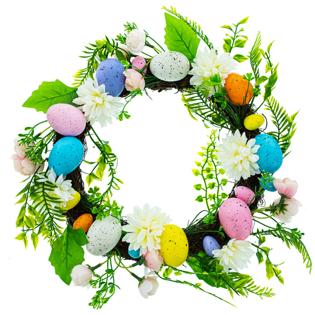 Easter Egg & Floral Wreath – Spring Door Decoration with Speckled Eggs & Flowers 13 Inches in Multi color Round