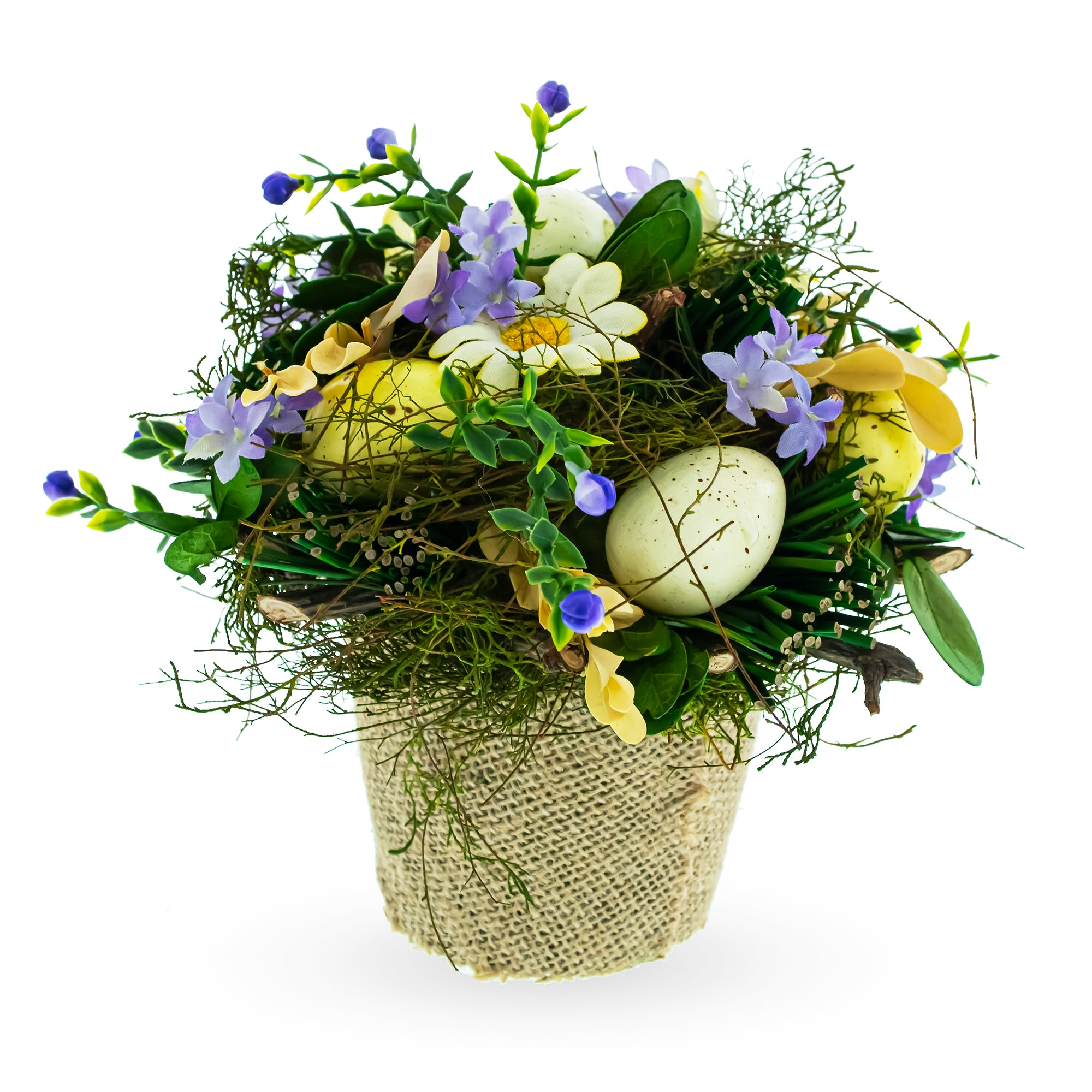 Easter Egg & Floral Arrangement – Rustic Spring Tabletop Decor in Burlap Pot in Multi color