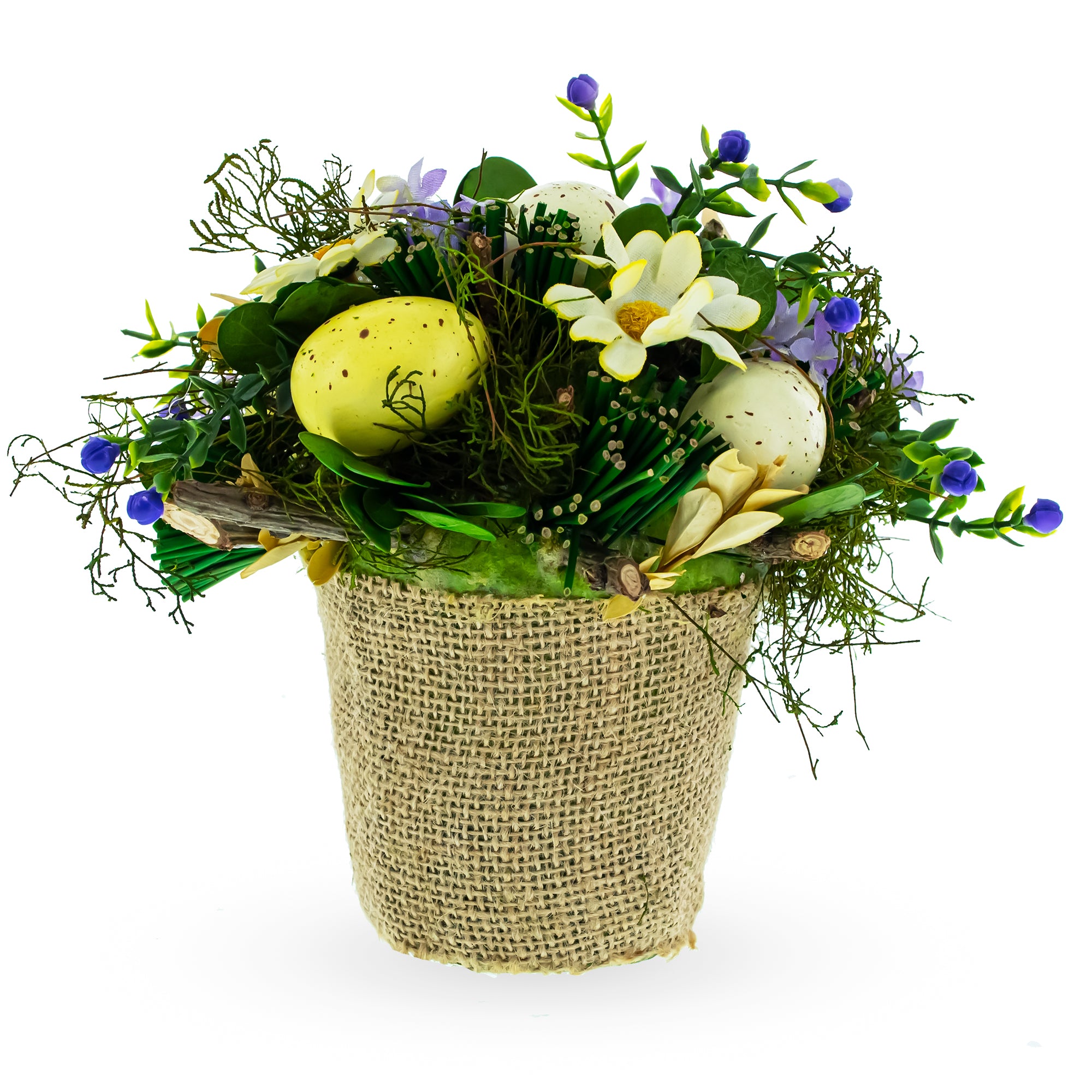 Easter Egg & Floral Arrangement – Rustic Spring Tabletop Decor in Burlap Pot , dimensions in inches: 6.4 x 6.2 x 6.2