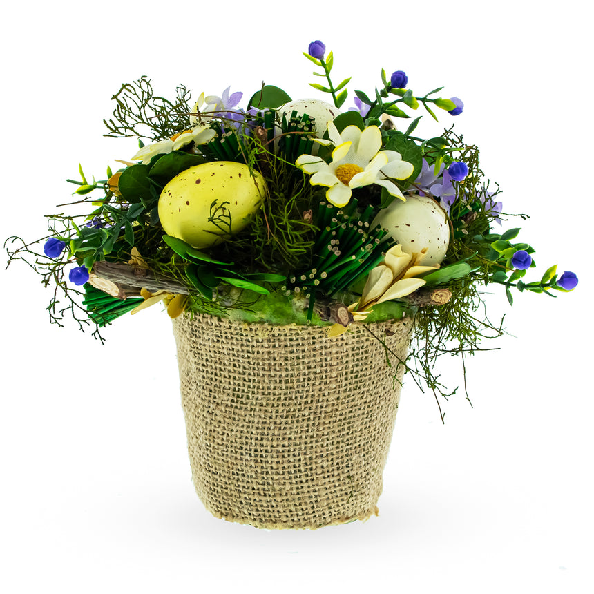 Easter Egg & Floral Arrangement – Rustic Spring Tabletop Decor in Burlap Pot , dimensions in inches: 6.4 x 6.2 x 6.2