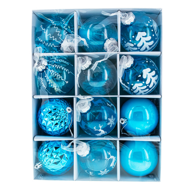 Turquoise Delight: Set of 12 Plastic Ball Christmas Ornaments in Blue color, Round shape