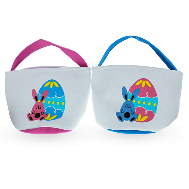 Fabric Bunny-Adorned Easter Egg Hunt Duo: Set of 2 Blue and Pink Fabric Baskets, 9.5 Inches Tall in Multi color