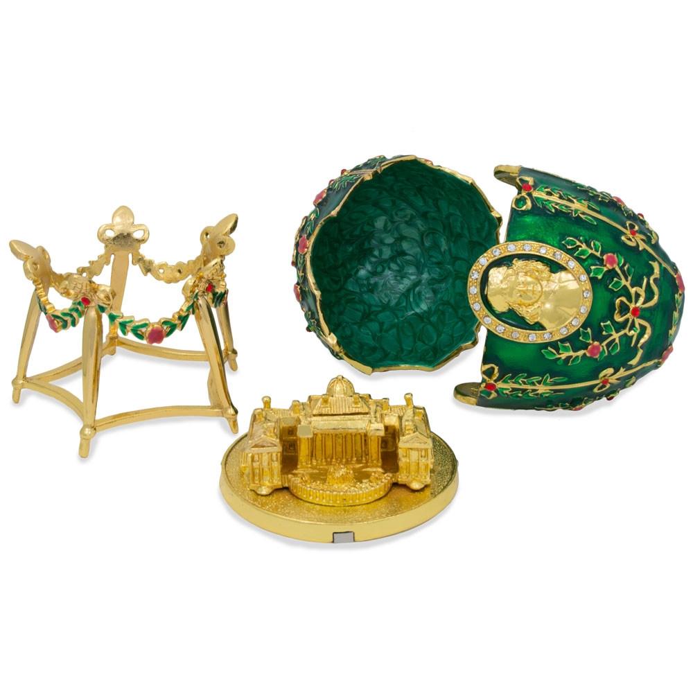 Shop 1908 Alexander Palace Royal Imperial Easter Egg. Buy Royal Royal Eggs Imperial Green Oval  for Sale by Online Gift Shop BestPysanky Faberge replicas Imperial royal collectible Easter egg decorative Russian inspired style jewelry trinket box bejeweled jeweled enameled decoration figurine collection house music box crystal value for sale real