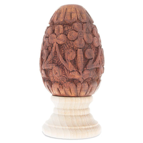 Sheesham Wood Hand Carved Flowers Easter Egg in Beige color, Oval shape