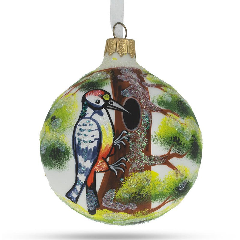 Charming Woodpecker Glittered - Blown Glass Ball Christmas Ornament 3.25 Inches in Multi color, Round shape