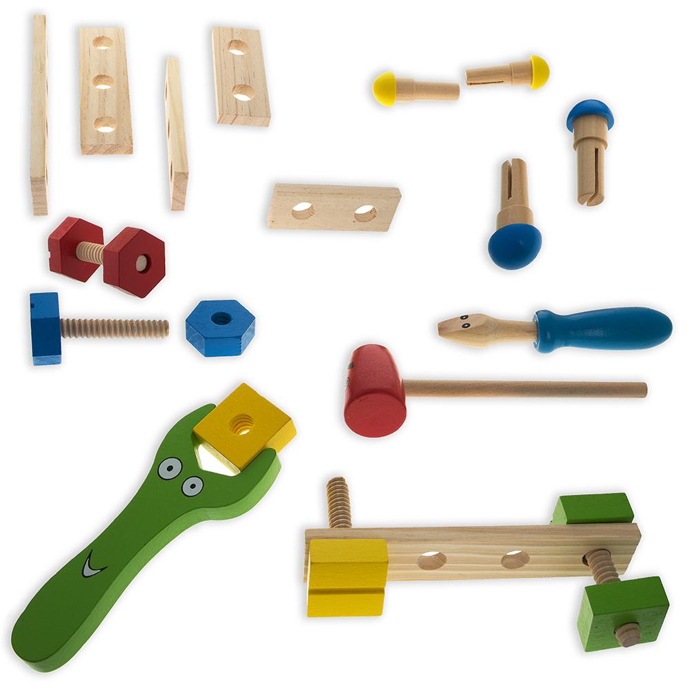 21 Pieces Construction Building Tools in Wooden ToolboxChina , dimensions in inches: 9 x 4.75 x 4.5