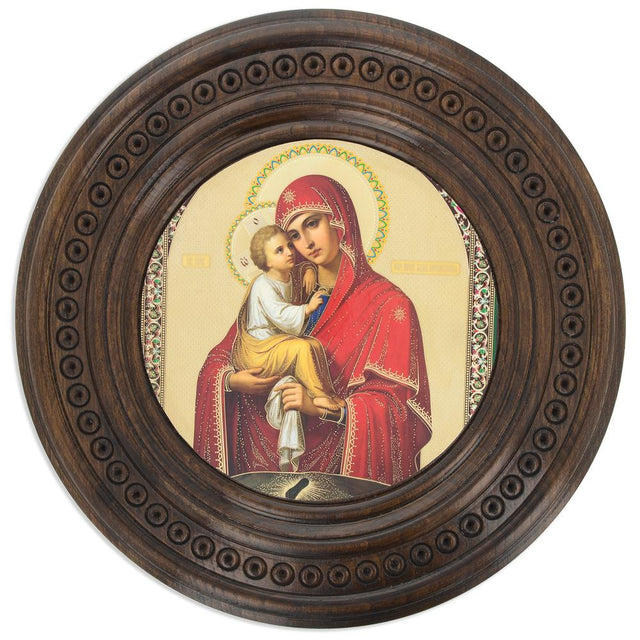 Hand Carved in Ukraine Round Wooden Virgin Mary and Jesus Icon Wall Plaque 10 Inches in Multi color, Round shape
