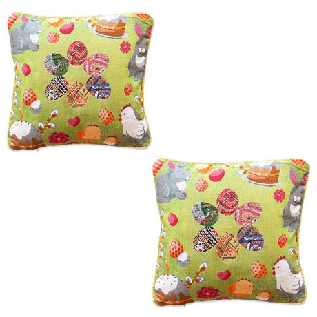 Set of 2 Easter Eggs with Bunny, Chicks and Willow Tree Throw Pillow Covers in Green color, Square shape