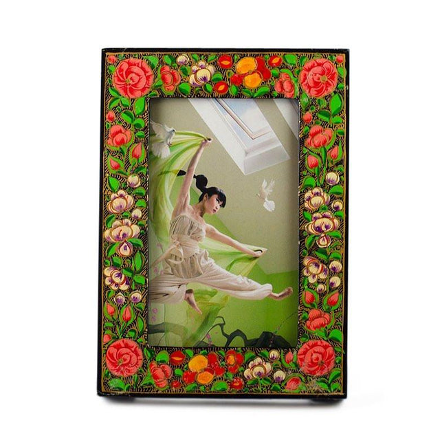 Oriental Hand Painted Flowers Wooden Picture Frame 7 Inches x 5 Inches in Multi color, Rectangular shape