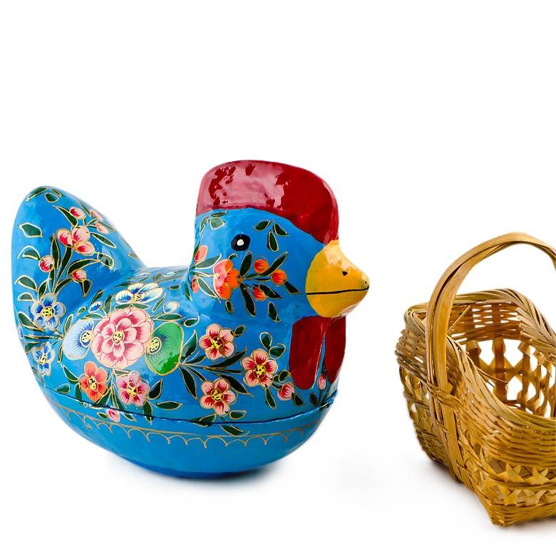 Fillable Wooden Chicken Keepsake Box With Floral Design 5 Inches Tall in Blue color