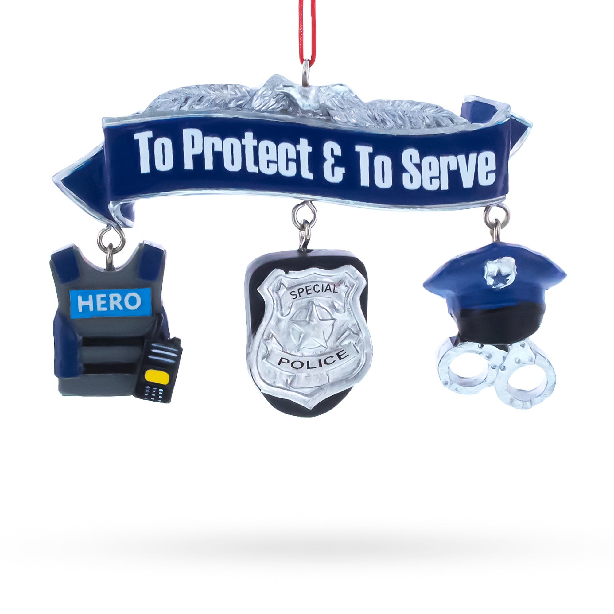 Serve Honor & Protect Police Badge and Gear Resin Christmas Ornament in Blue color Figurine