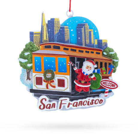 San Francisco Cable Car with Santa and City Skyline Resin Christmas Ornament in Multi color Figurine