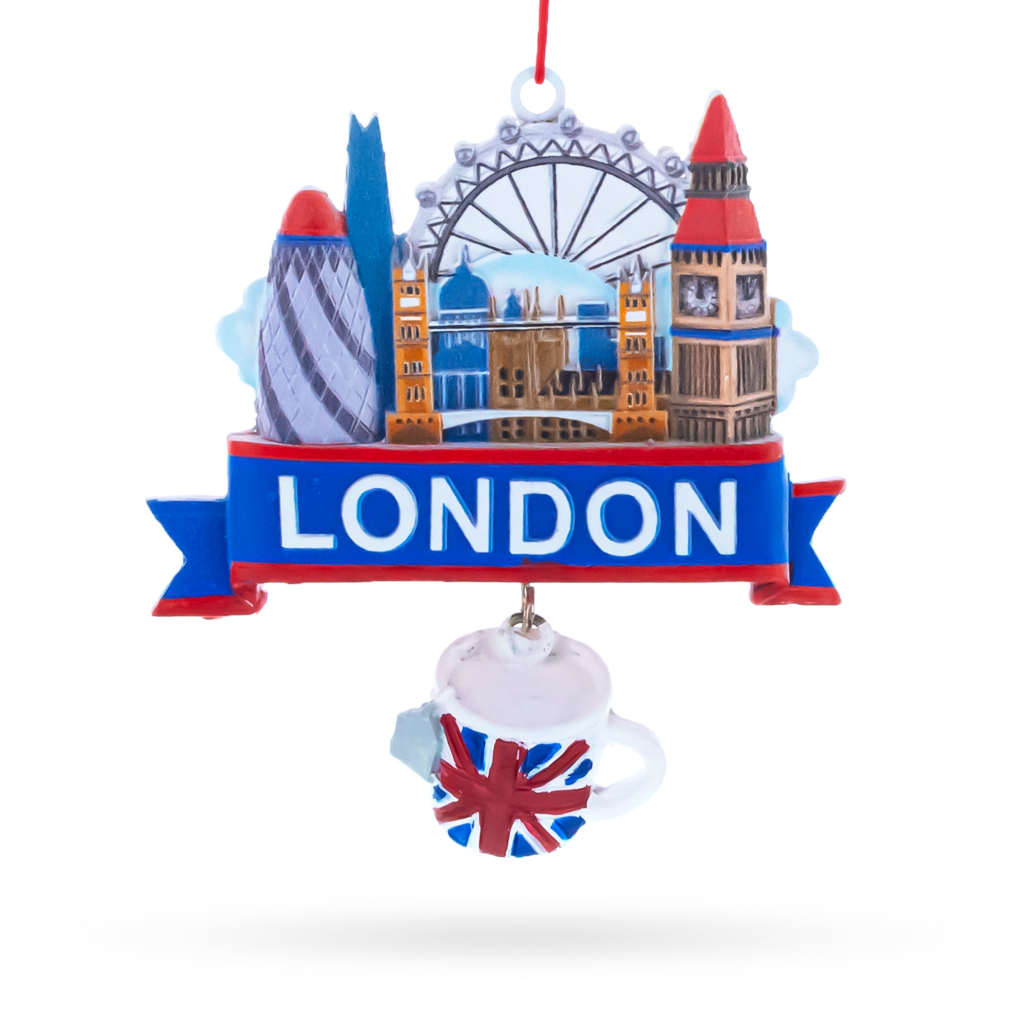 London City Skyline with Tea Cup Resin Christmas Ornament in Multi color Figurine