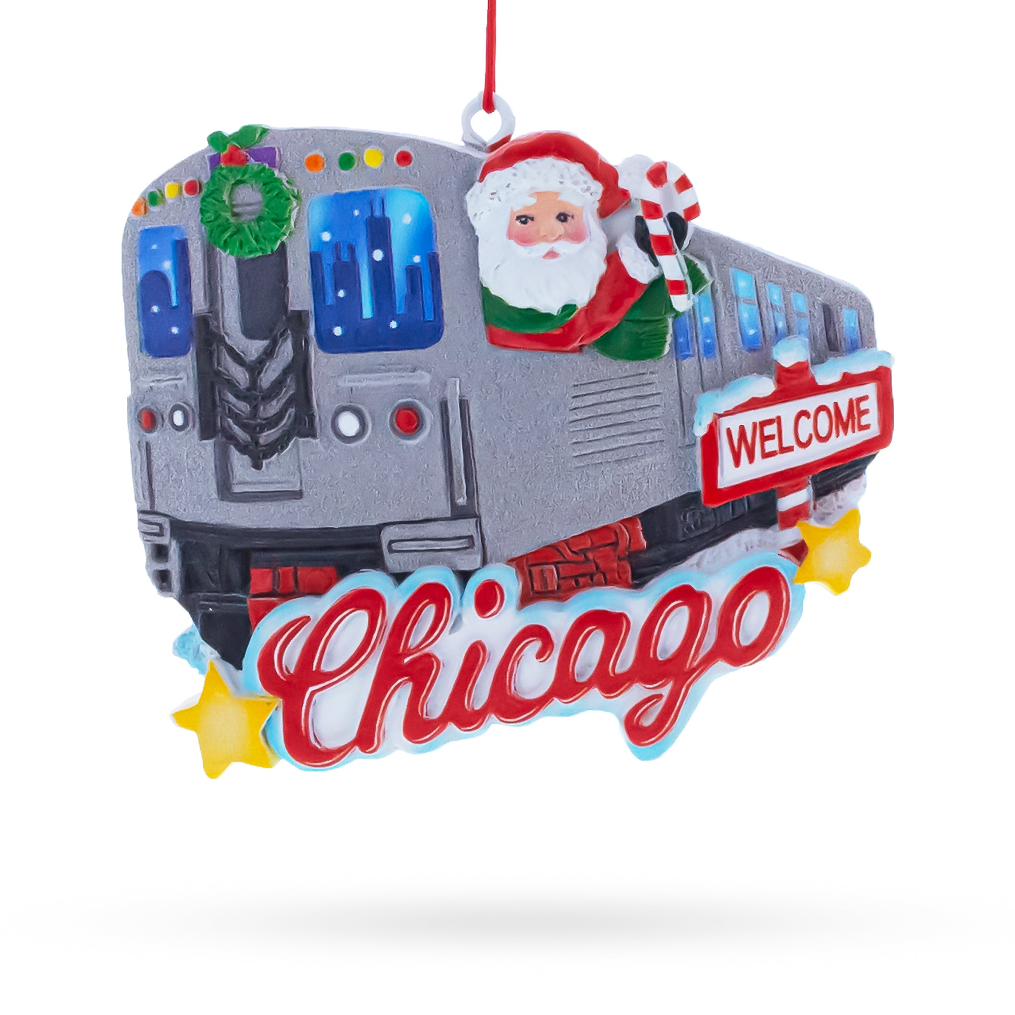 Chicago Train with Santa and Welcome Sign Resin Christmas Ornament in Multi color Figurine
