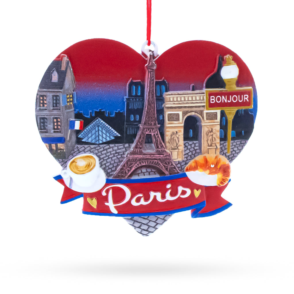 Paris Heart with Eiffel Tower and Bonjour Café Resin Christmas Ornament in Multi color Figurine