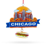 Chicago Skyline with Hot Dog Resin Christmas Ornament in Multi color