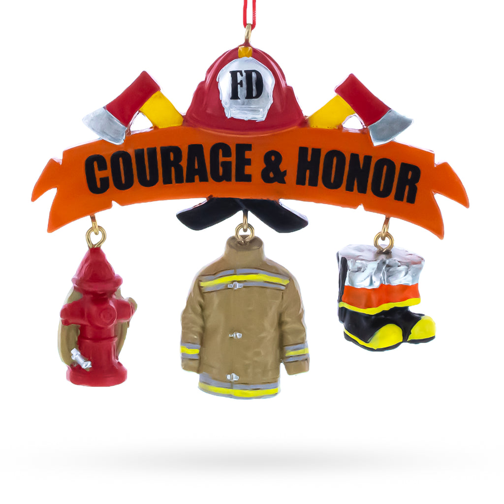 Courage & Honor Firefighter Gear Resin Christmas Ornament in Orange color Figurine