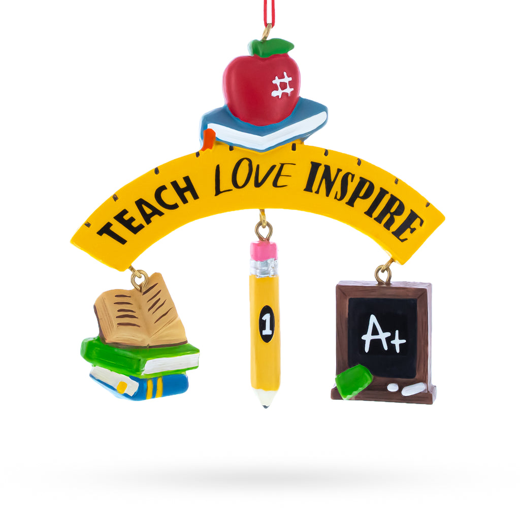 Teach Love Inspire Teacher's Apple and Pencil Resin Christmas Ornament in Yellow color Figurine