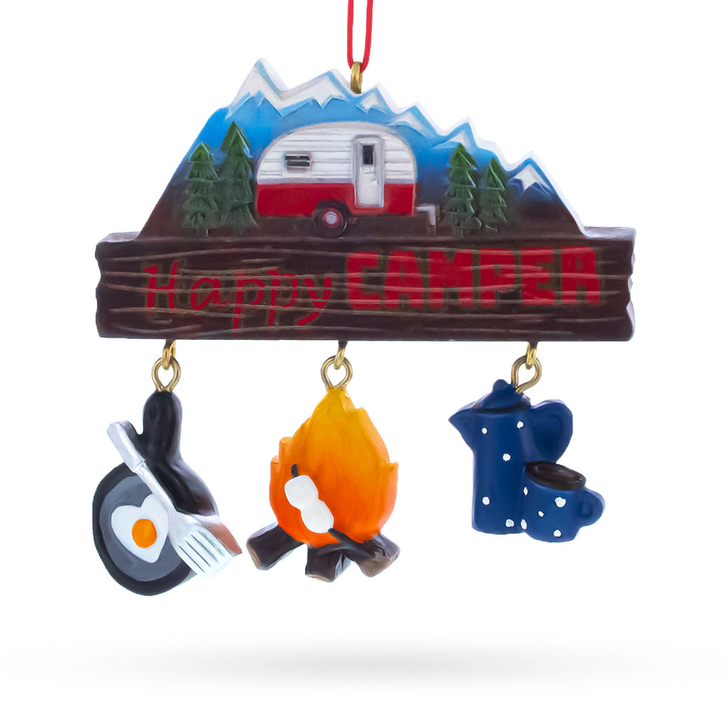 Happy Camper with Campfire and Cookware Resin Christmas Ornament in Multi color Figurine