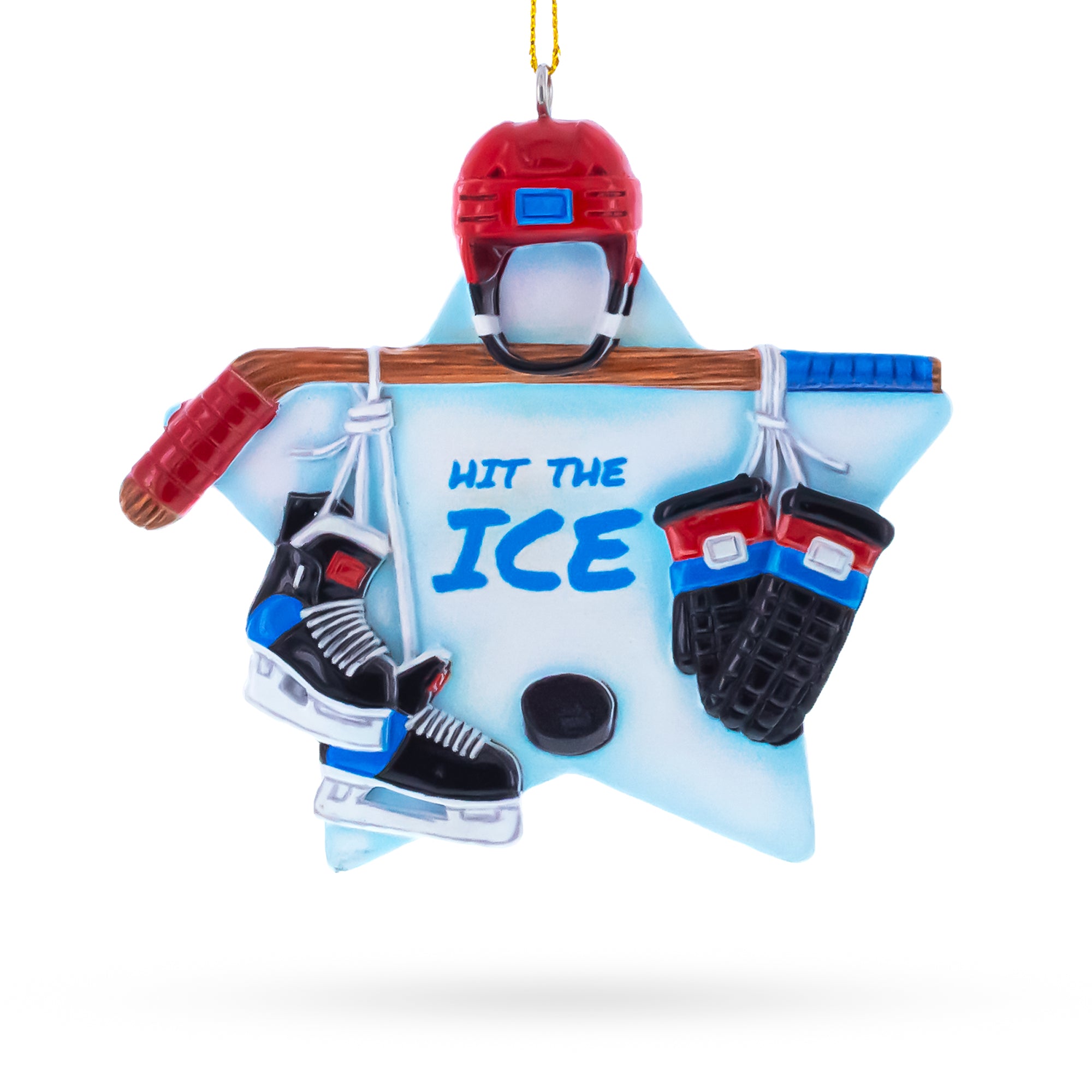 Hit the Ice Hockey Gear with Helmet and Stick Resin Christmas Ornament in White color Figurine