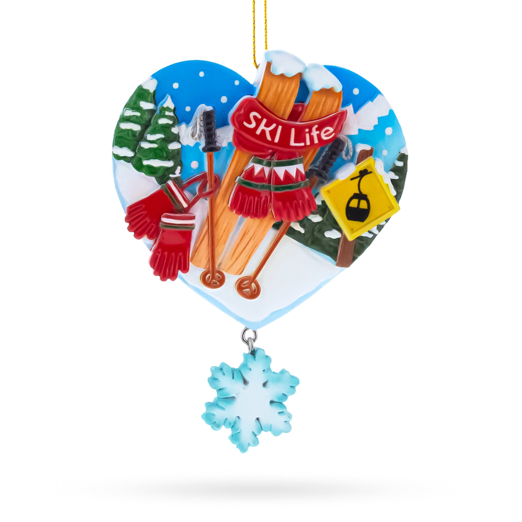 Ski Life Skis with Snowflake and Cable Car Resin Christmas Ornament in Multi color Figurine