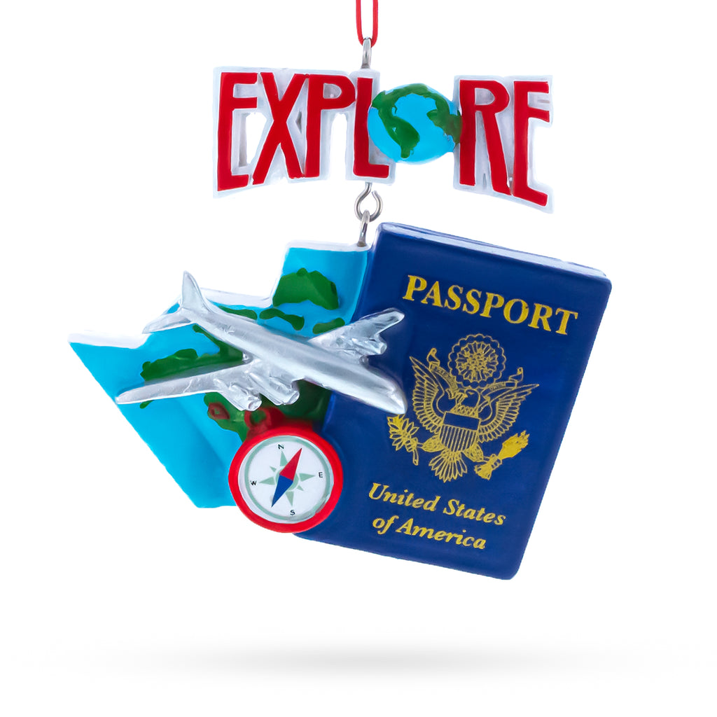 Passport with Airplane and Compass Resin Christmas Ornament in Multi color Figurine