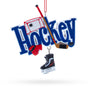 Hockey Word Art with Skates and Stick Resin Christmas Ornament in Blue color