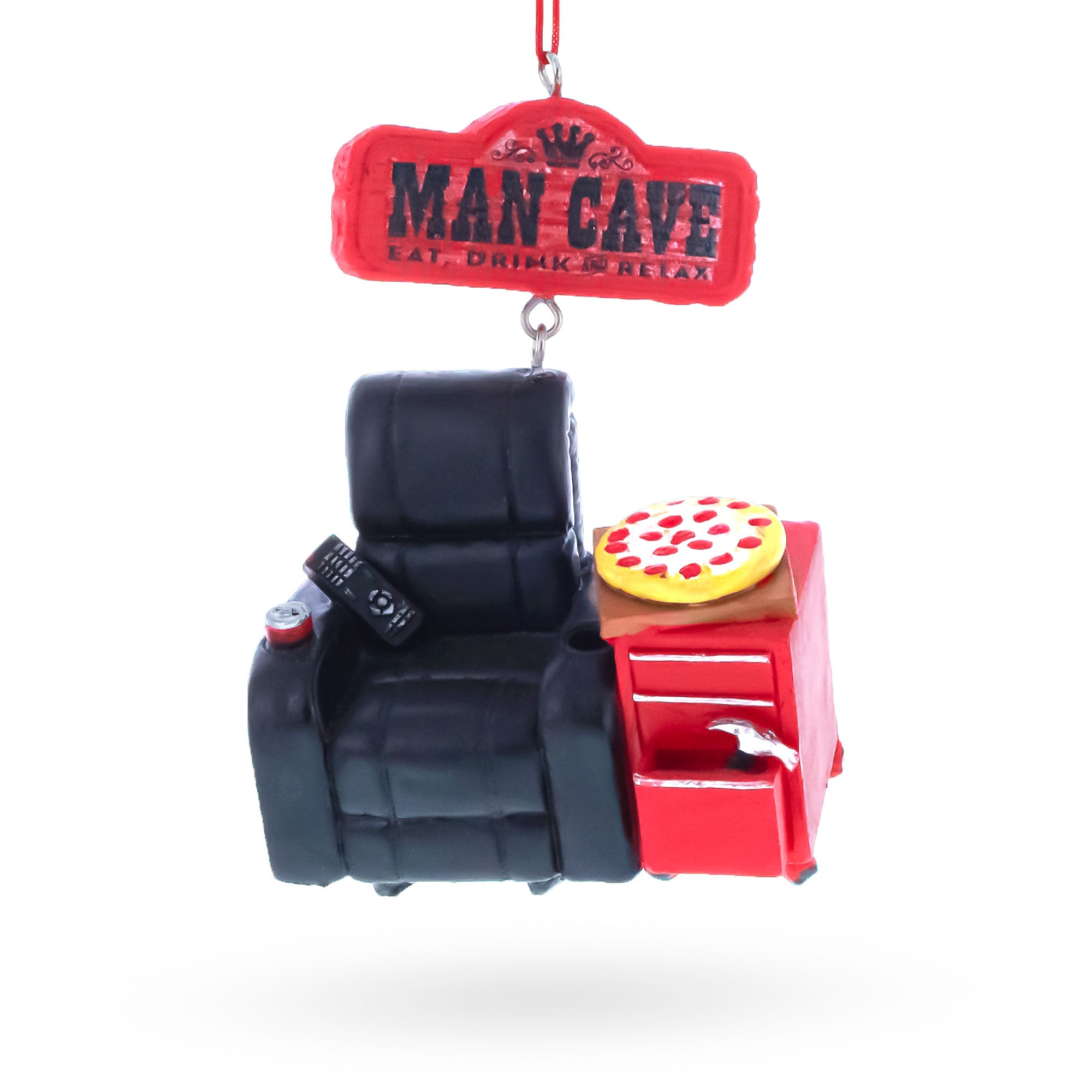 Man Cave Recliner with Pizza and Remote Resin Christmas Ornament in Multi color Figurine