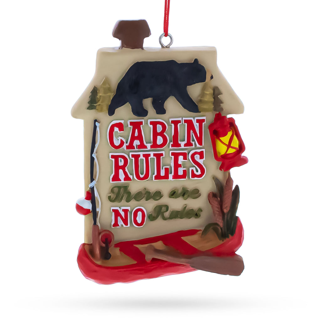 Rustic Cabin Rules Sign with Bear and Canoe Resin Christmas Ornament in Brown color Figurine