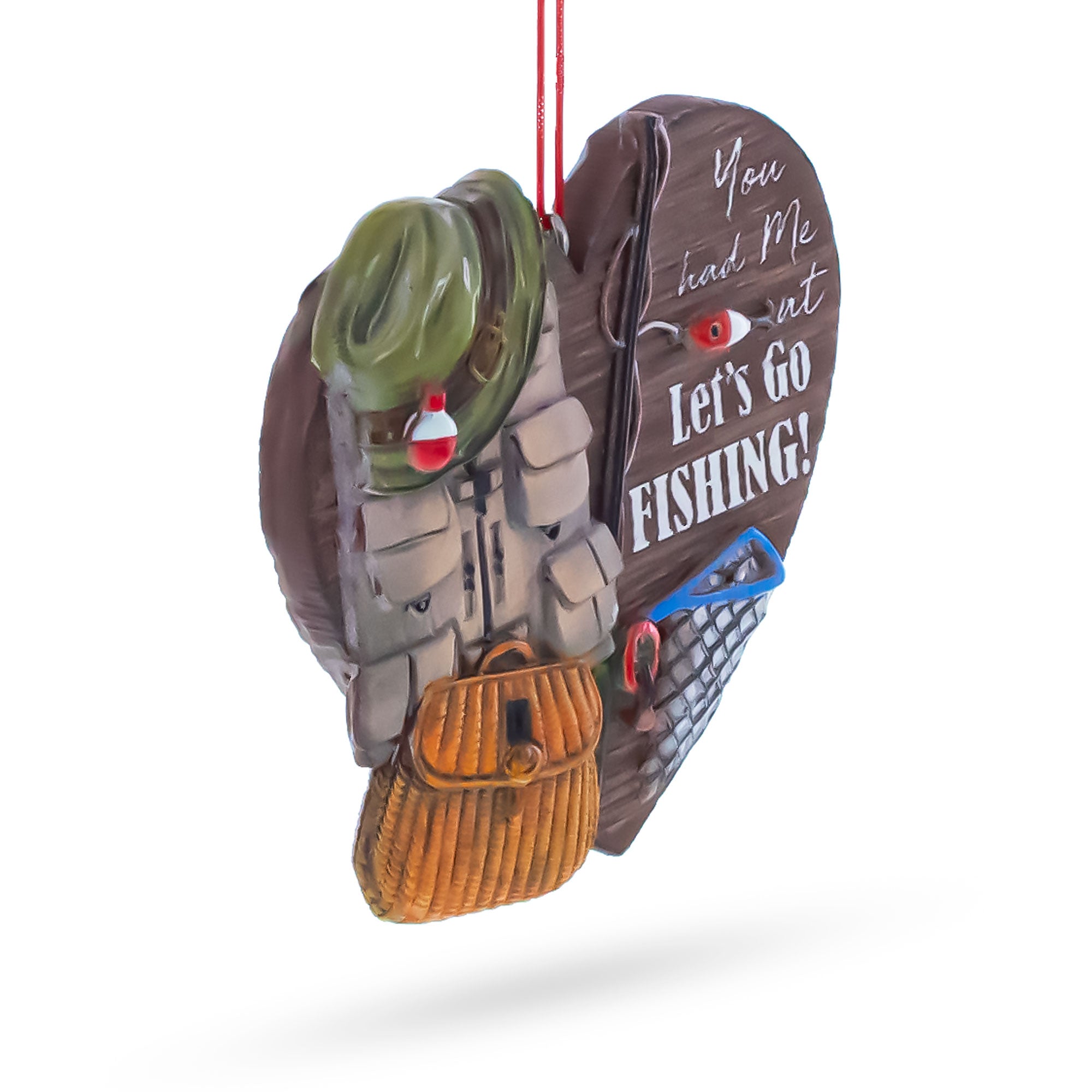 Let’s Go Fishing Heart Shape Fisherman Gear Resin Christmas OrnamentChina , dimensions in inches: 3.2 x 0.6 x 3.3