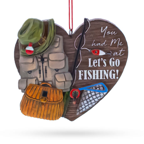 Let’s Go Fishing Heart Shape Fisherman Gear Resin Christmas Ornament in Brown color Figurine