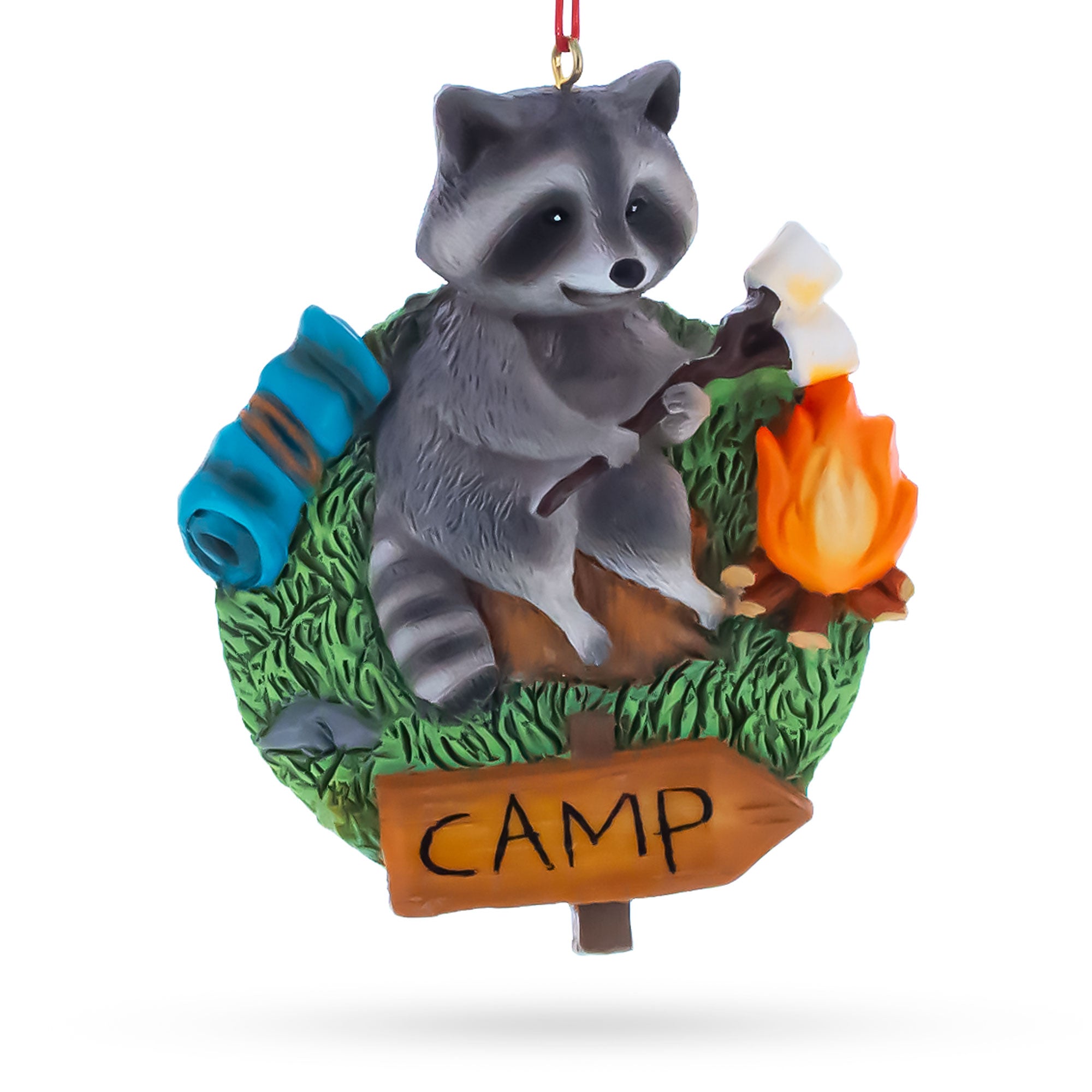 Camping Raccoon with Marshmallow Campfire Resin Christmas Ornament in Grey color Figurine