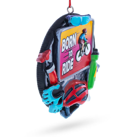 Born to Ride Cyclist Gear Resin Christmas OrnamentChina , dimensions in inches: 3.6 x 0.6 x 3.3