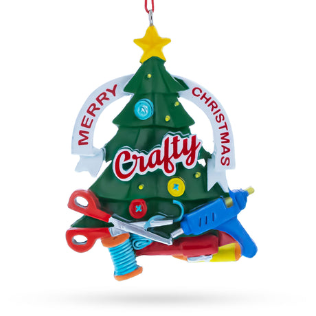 Crafty Tree with Scissors and Glue Gun Resin Christmas Ornament in Green color Figurine