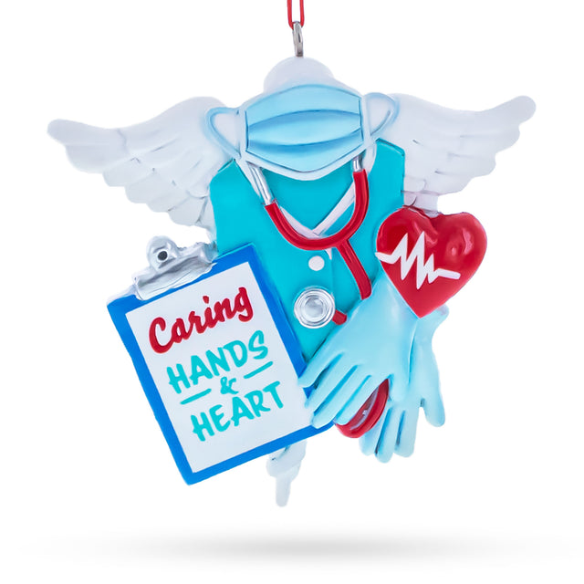 Nurse Doctor Caring Hands Heart Wings Resin Christmas Ornament in Blue color