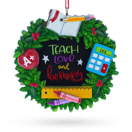 Teacher’s Apple Ruler Crayons Wreath Resin Christmas Ornament in Green color Figurine