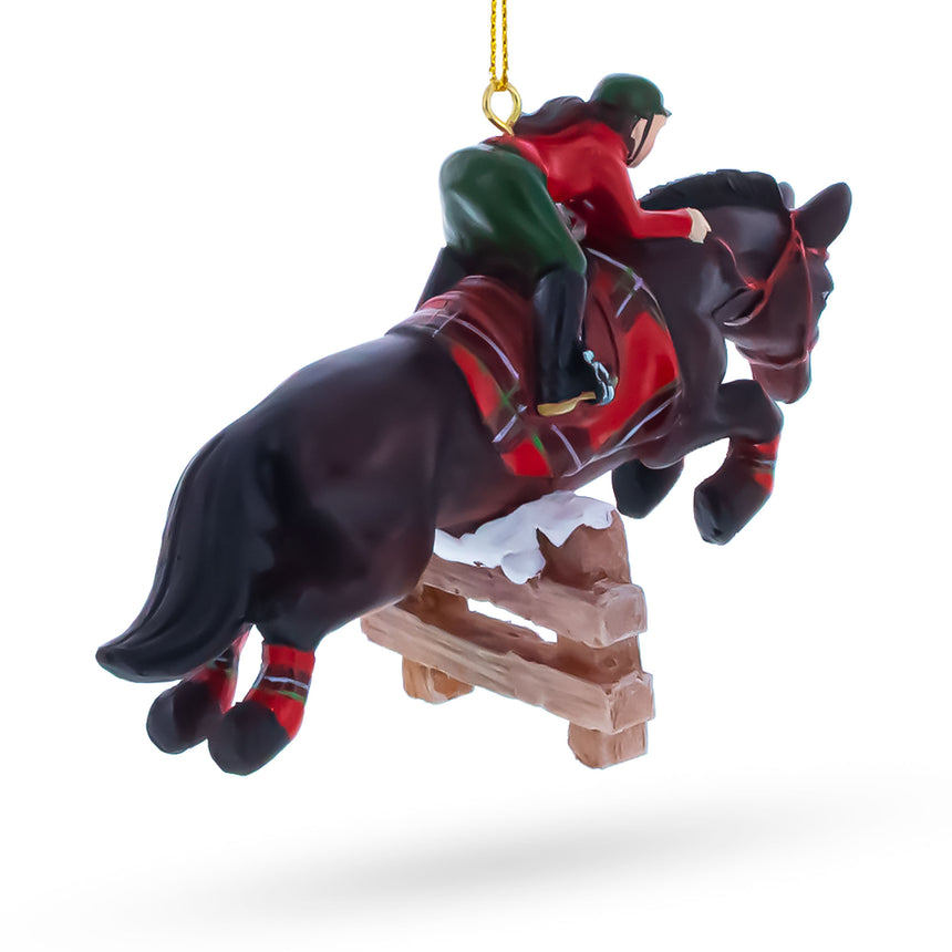 Equestrian Horse Jumper Rider Resin Christmas OrnamentChina , dimensions in inches: 3 x 4.4 x 1.9
