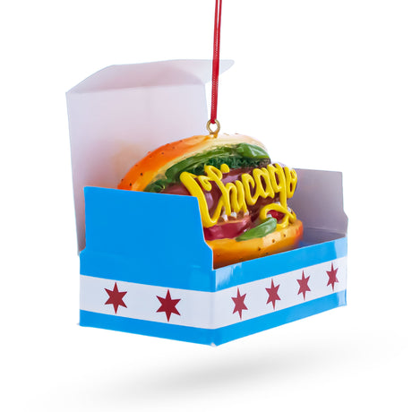 Classic Chicago Style Hot Dog Resin Christmas Ornament , dimensions in inches: 2.7 x 1.9 x 3.2