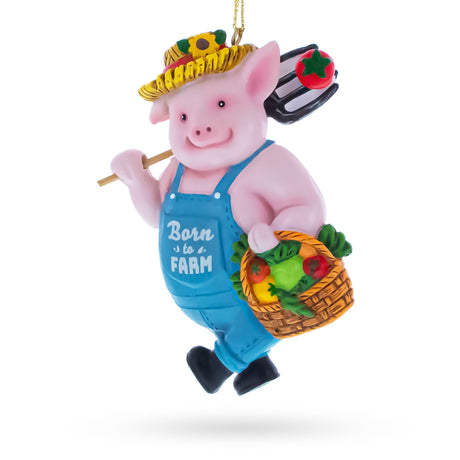 Barn on the Farm Pig with Veggie Baske Resin Christmas OrnamentChina , dimensions in inches: 4 x 1.1 x 2.9