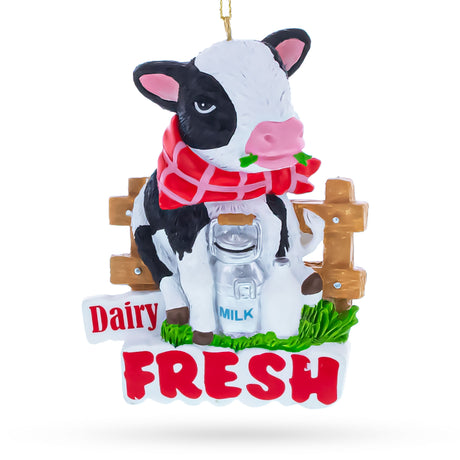 Dairy Fresh Cow with Milk Can Resin Christmas Ornament in Multi color Figurine