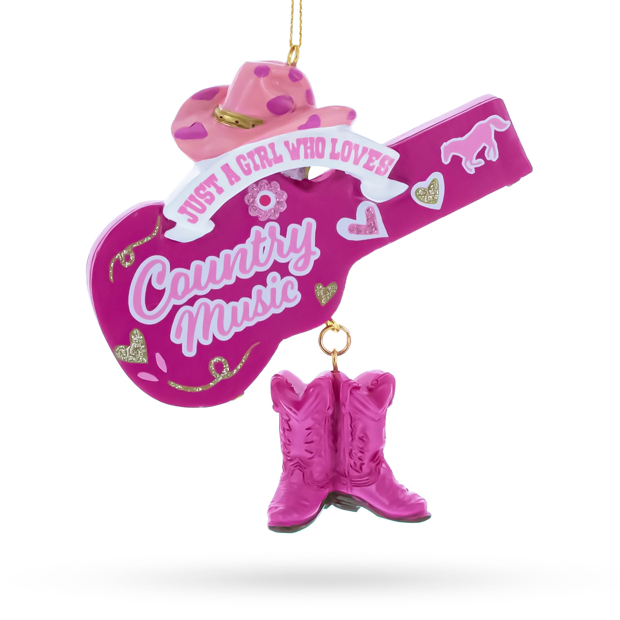 Pink Cowgirl Hat Country Music Guitar with Boots Resin Christmas Ornament in Pink color Figurine