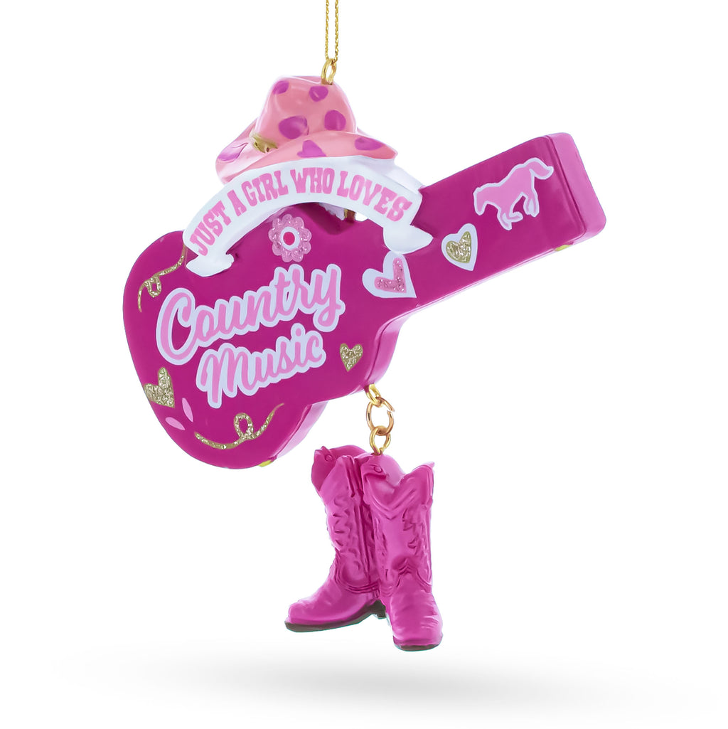 Pink Cowgirl Hat Country Music Guitar with Boots Resin Christmas OrnamentChina , dimensions in inches: 4 x 0.8 x 4.2