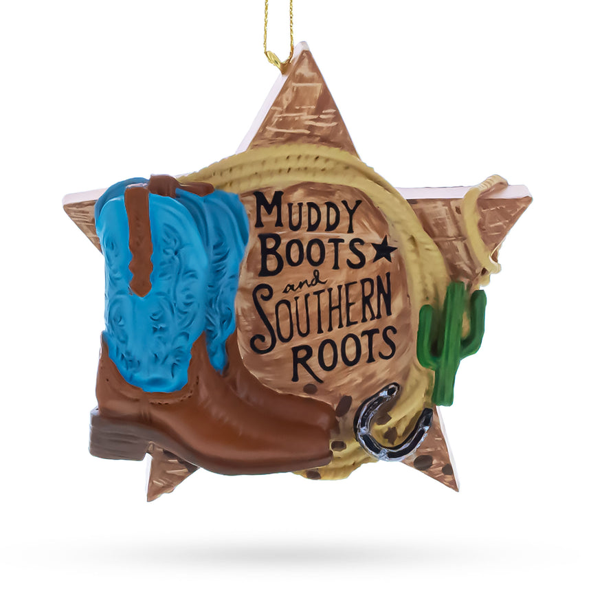 Western Muddy Boots Southern Roots Star Resin Christmas Ornament in Brown color Figurine