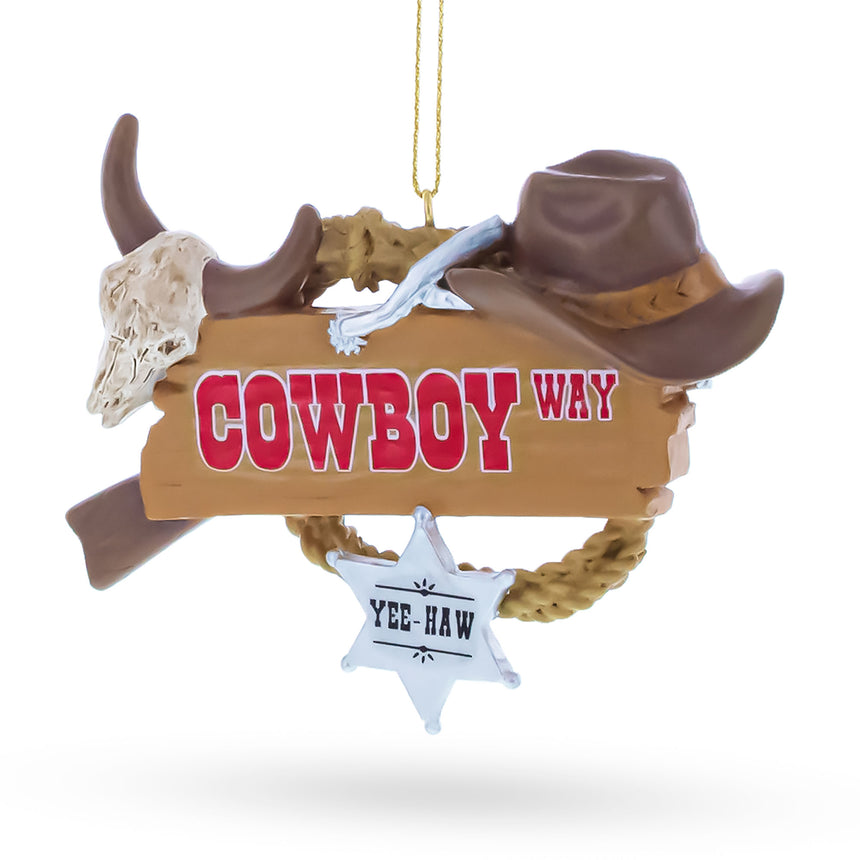 Western Cowboy Hat Sheriff Badge Resin Christmas OrnamentChina , dimensions in inches: 2.7 x 1.1 x 3.5