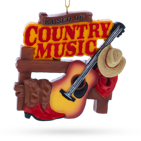 Raised on Country Music Fan Guitar Hat Boots Resin Christmas Ornament in Brown color Figurine
