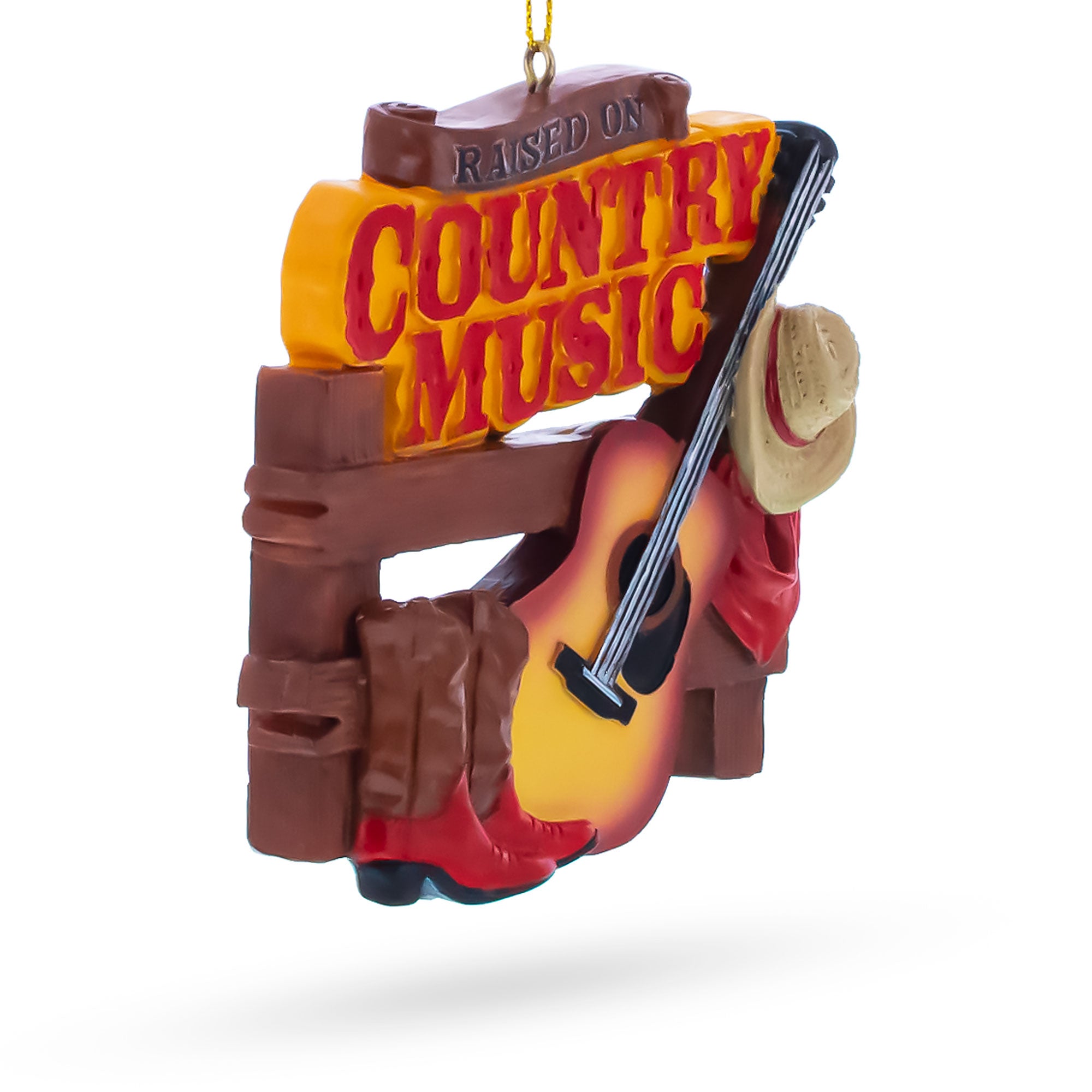 Raised on Country Music Fan Guitar Hat Boots Resin Christmas OrnamentChina , dimensions in inches: 3.4 x 0.7 x 3.3